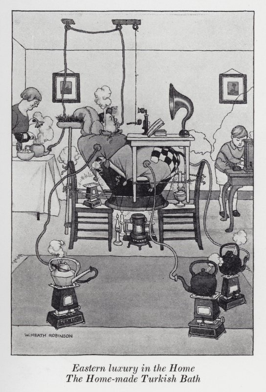 Východní luxus v domově, domácí turecké lázně (litho) od William Heath Robinson