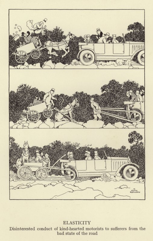 Elasticita, nezaujaté chování dobrosrdečných motoristů k postiženým špatným stavem vozovky od William Heath Robinson