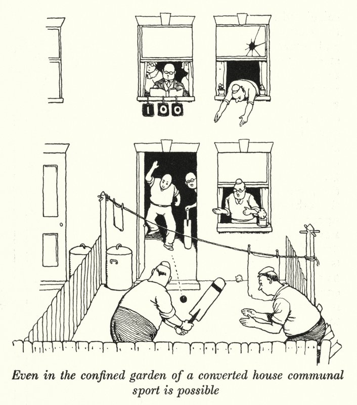 I v omezené zahradě přestavěného domu je možný společný sport (litho) od William Heath Robinson