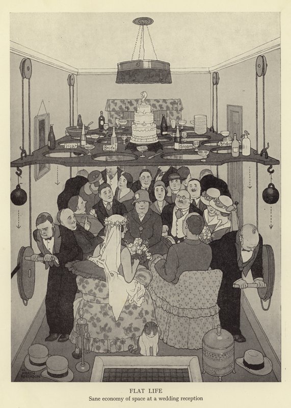 Plochý život, rozumná úspora prostoru na svatební hostině od William Heath Robinson