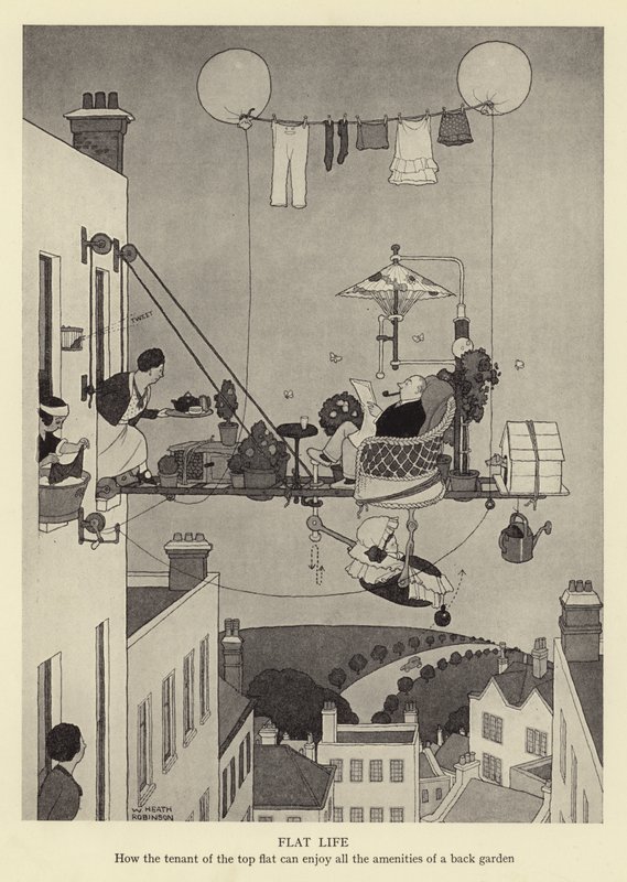 Bytový život, jak si nájemce nejvyššího bytu může užívat veškerého vybavení zahrádky od William Heath Robinson