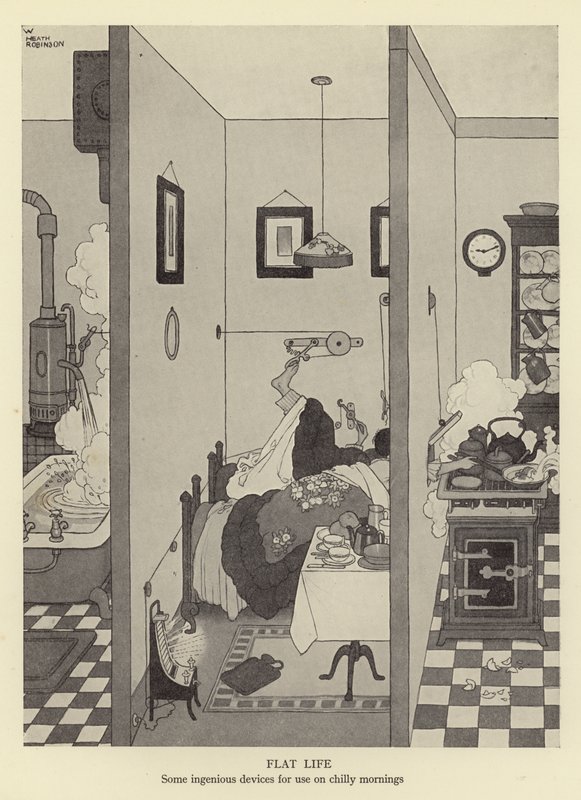 Plochý život, několik důmyslných zařízení pro použití v chladných ránech od William Heath Robinson