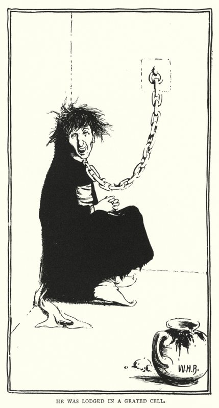 Byl ubytován v mřížované cele (rytina) od William Heath Robinson
