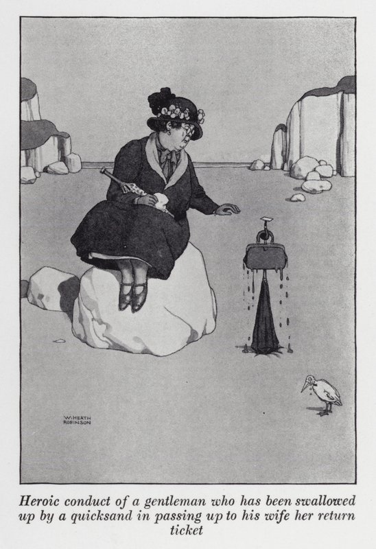 Hrdinské jednání gentlemana, kterého pohltil pohyblivý písek, když předal své ženě její zpáteční lístek (litho) od William Heath Robinson