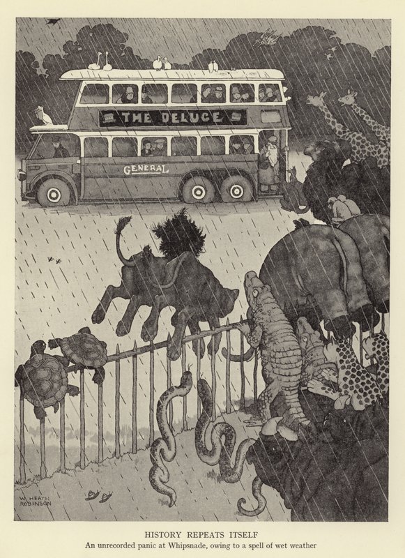 Historie se opakuje, nezaznamenaná panika ve Whipsnade kvůli kouzlu vlhkého počasí od William Heath Robinson
