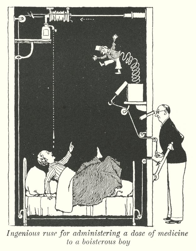 Důmyslná lest pro podání dávky léku bouřlivému chlapci (litho) od William Heath Robinson
