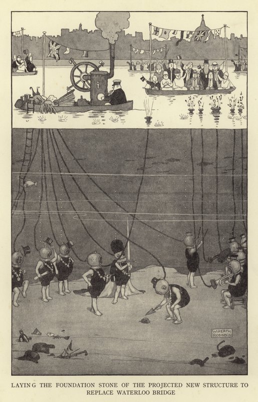 Položení základního kamene projektované nové stavby, která nahradí most Waterloo od William Heath Robinson