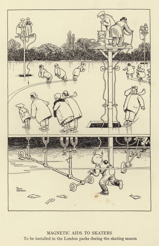 Magnetické pomůcky pro bruslaře, které budou instalovány v londýnských parcích během bruslařské sezóny od William Heath Robinson