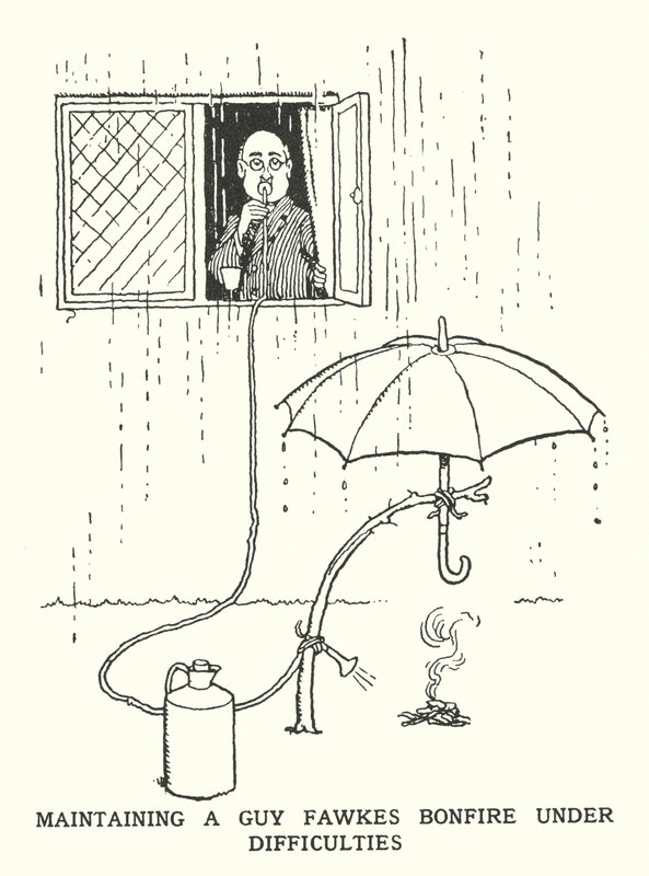 Udržování ohně Guy Fawkes v obtížích (litho) od William Heath Robinson