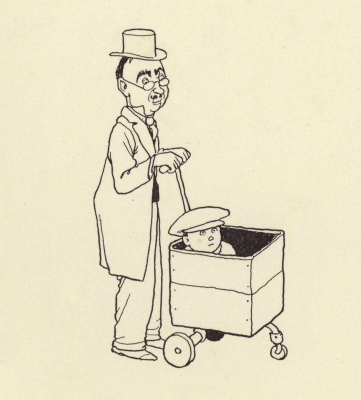 Muž tlačí chlapce v krabici od William Heath Robinson