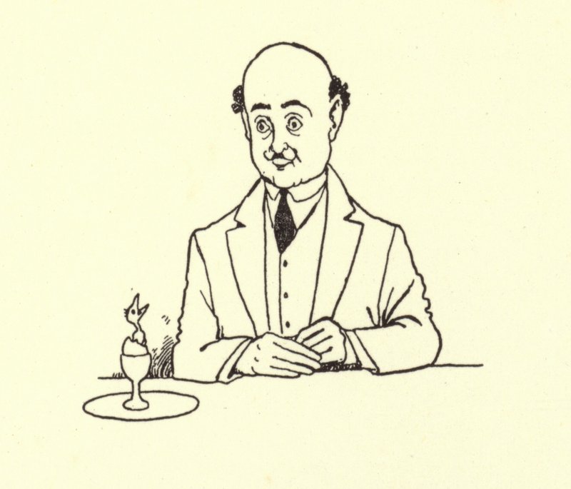 Muž překvapený ptákem v ranním vejci od William Heath Robinson