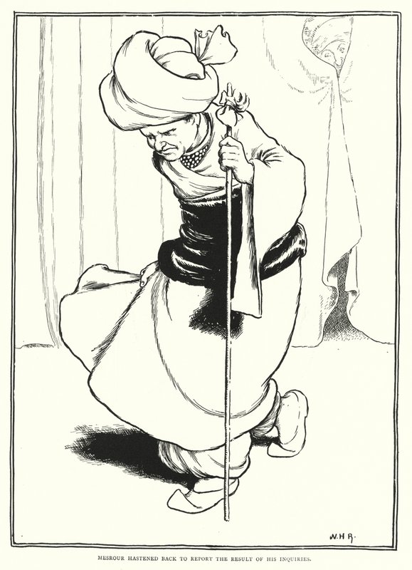 Mesrour spěchal zpět, aby oznámil výsledek svých dotazů (rytina) od William Heath Robinson