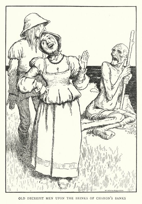 Staří zchátralí muži na okraji Charonových břehů (litho) od William Heath Robinson