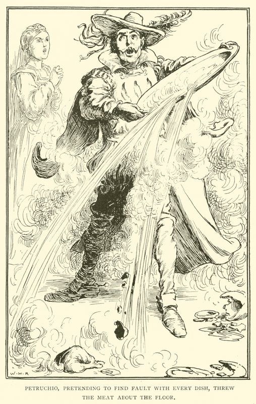 Petruchio předstíral, že se mu každý pokrm nelíbí, a rozhazoval maso po podlaze. od William Heath Robinson