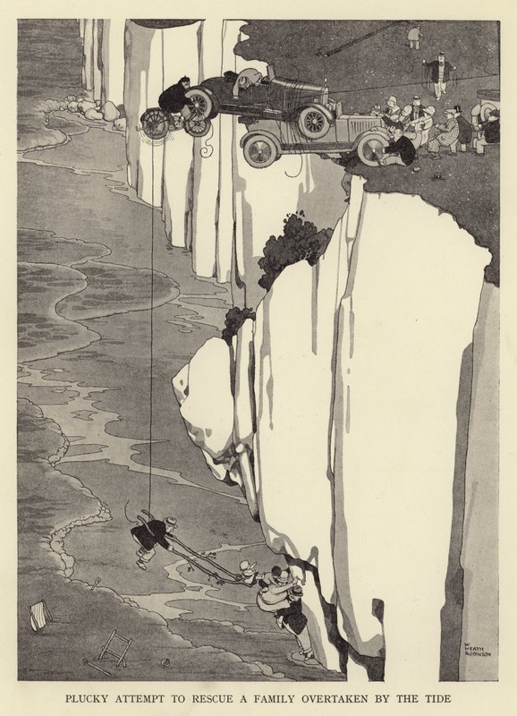 Odvážný pokus zachránit rodinu, kterou zastihl příliv od William Heath Robinson
