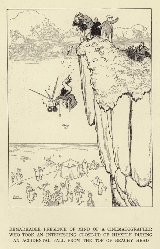Pozoruhodná duchapřítomnost kameramana, který se při náhodném pádu z vrcholu Beachy Head pořídil zajímavým detailním záběrem od William Heath Robinson