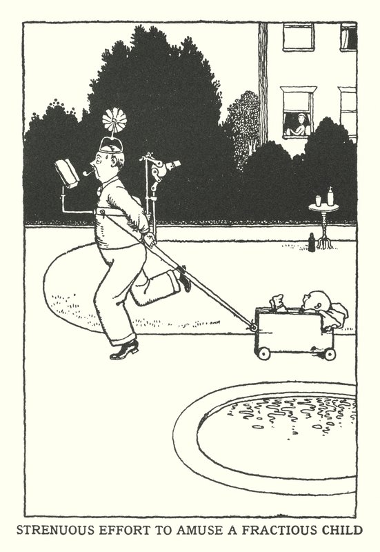 Usilovná snaha pobavit podrážděné dítě (litho) od William Heath Robinson