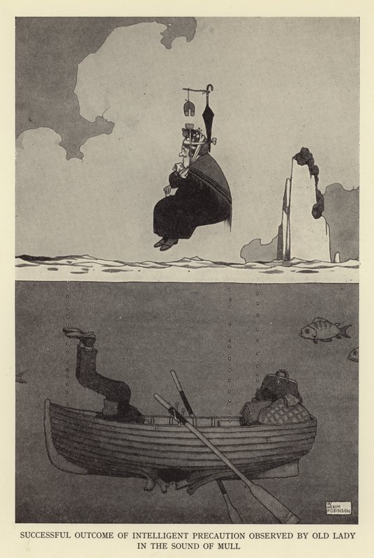 Úspěšný výsledek inteligentní opatrnosti, kterou stará dáma dodržuje při zvuku mull od William Heath Robinson