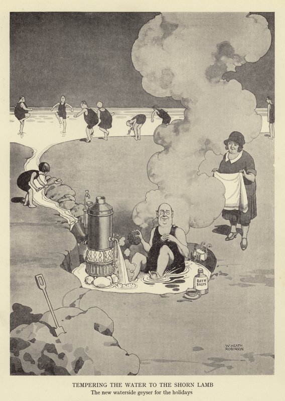 Temperování vody na ostříhané jehně, nový gejzír u vody na prázdniny od William Heath Robinson