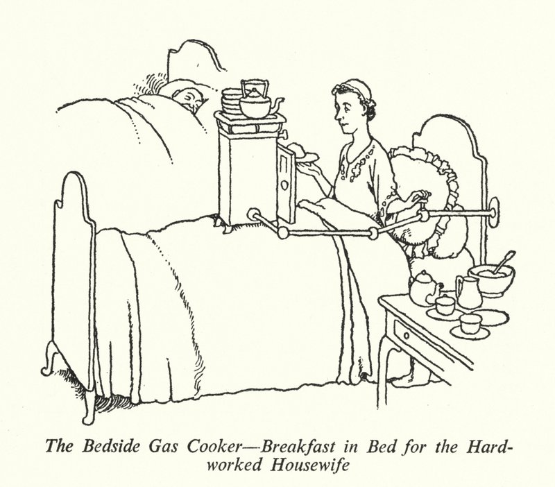 Noční plynový vařič, snídaně do postele pro tvrdě pracující hospodyňku (litho) od William Heath Robinson