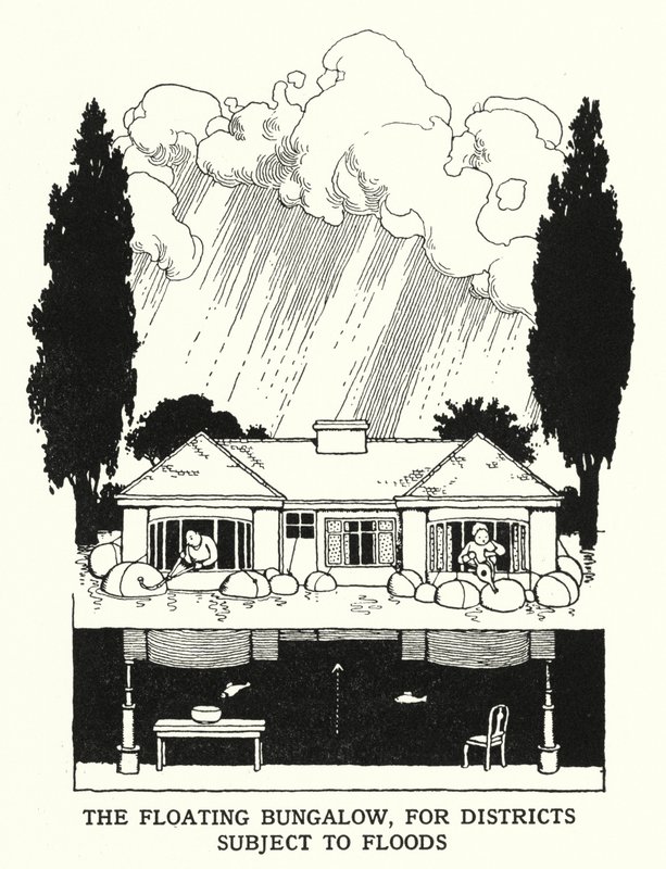 Plovoucí bungalov pro oblasti vystavené povodním (litho) od William Heath Robinson