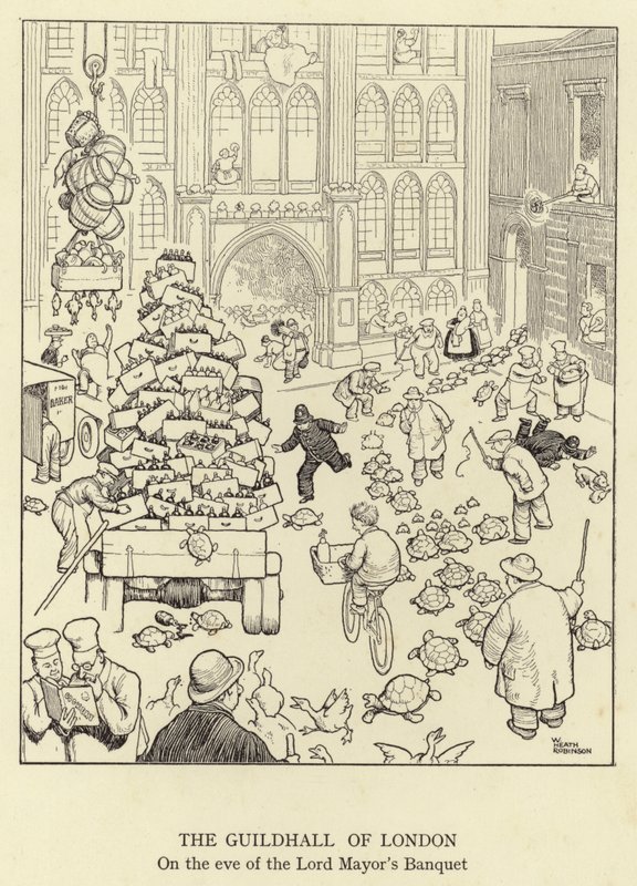 The Guildhall of London, v předvečer hostiny lorda starosty od William Heath Robinson
