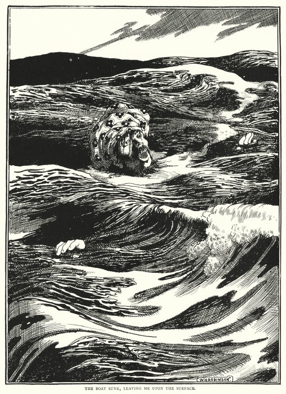 Loď se potopila a nechal mě na hladině (rytina) od William Heath Robinson