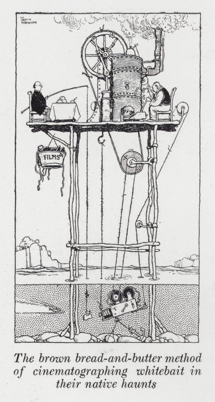 Metoda hnědého chleba s máslem filmování vábničky v jejich domovech (litho) od William Heath Robinson