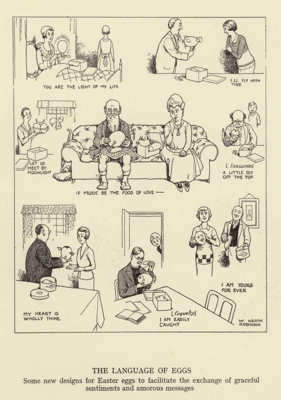 Jazyk vajíček, některé nové návrhy velikonočních vajíček pro usnadnění výměny půvabných citů a milostných zpráv od William Heath Robinson