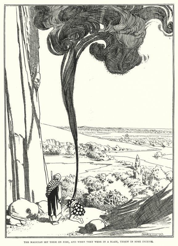 Kouzelník je zapálil, a když byly v plamenech, hodil do nich nějaké kadidlo (rytina) od William Heath Robinson