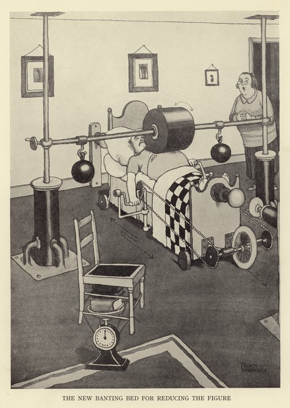 Nová postel Banting pro zmenšení postavy od William Heath Robinson