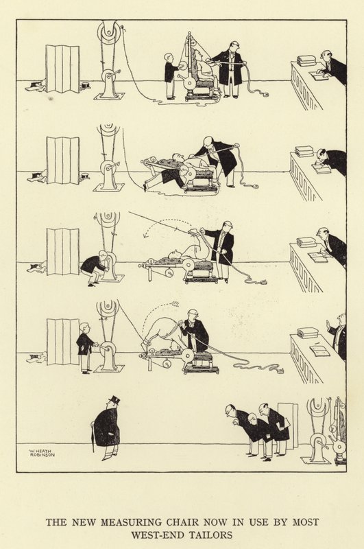 Nová měřicí židle, kterou nyní používá většina krejčích na západním konci od William Heath Robinson