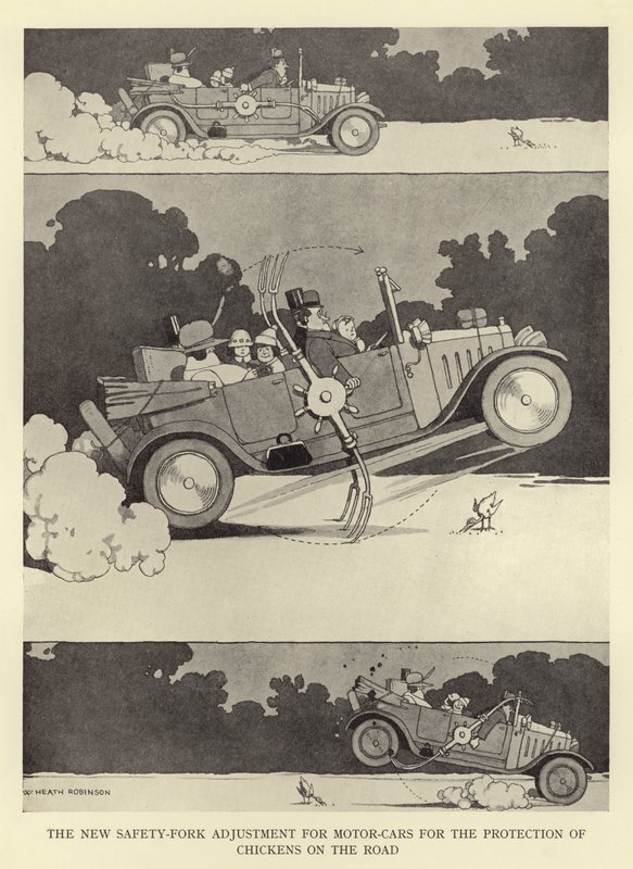 Nová bezpečnostní úprava vidlice pro osobní automobily pro ochranu kuřat na silnici od William Heath Robinson