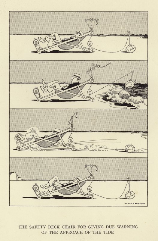 Bezpečnostní lehátko pro řádné varování před blížícím se přílivem a odlivem od William Heath Robinson