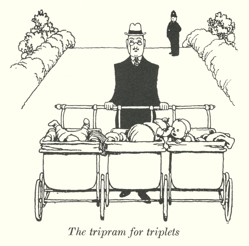 Tripram pro trojčata (litho) od William Heath Robinson