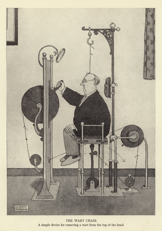 Křeslo pro bradavice, jednoduché zařízení pro odstranění bradavice z temene hlavy od William Heath Robinson