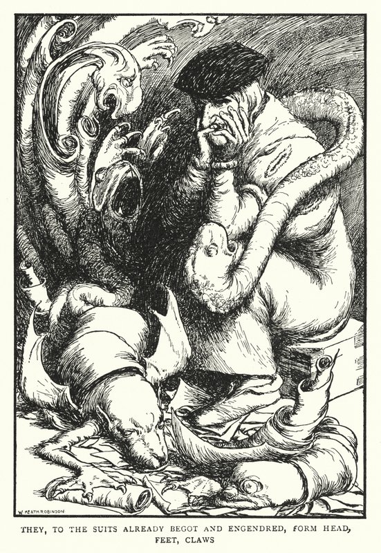 Oni, podle již zplozených a zplodených obleků, tvoří hlavu, nohy, drápy (litho) od William Heath Robinson