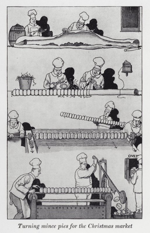 Obracení koláčů na vánoční trh (litho) od William Heath Robinson