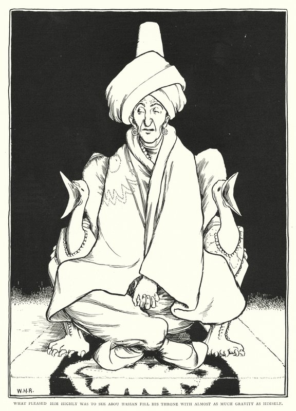 Co ho velmi potěšilo, bylo vidět, jak Abou Hassan naplňuje svůj trůn téměř takovou gravitací jako on sám (rytina) od William Heath Robinson