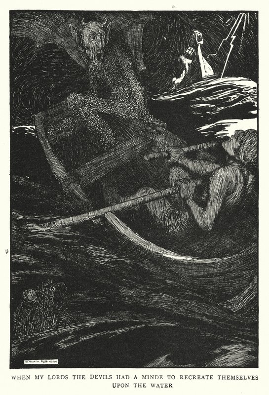 Když moji páni, ďáblové měli v úmyslu znovu se vytvořit na vodě (litho) od William Heath Robinson