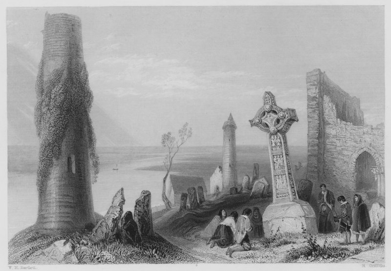 Starověký kříž, Clonmacnoise (rytina) od William Henry (after) Bartlett