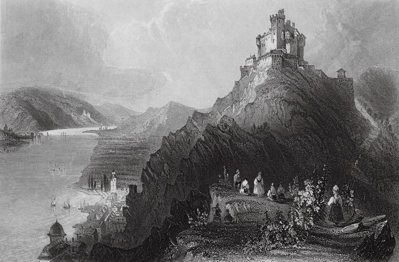 Braubach a hrad Marksburg na Rýně (rytina) od William Henry (after) Bartlett