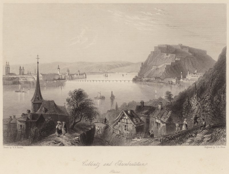 Coblentz a Ehrenbreitstein (rytina) od William Henry (after) Bartlett