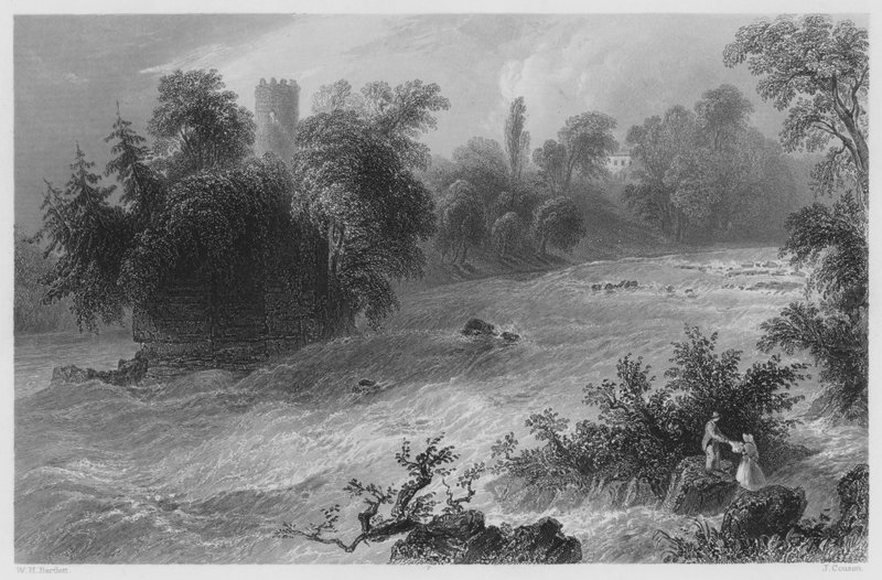 Doonass Rapids, poblíž hradu Connell, na Shannon (rytina) od William Henry (after) Bartlett
