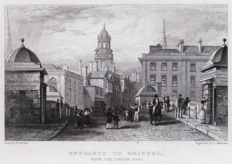 Vjezd do Bristolu z London Road (rytina) od William Henry (after) Bartlett