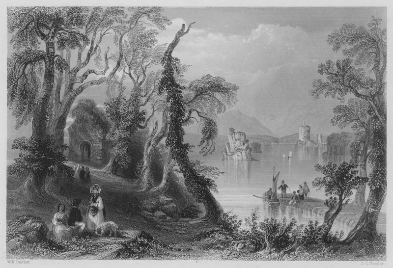 Innisfallen, Lake of Killarney (rytina) od William Henry (after) Bartlett