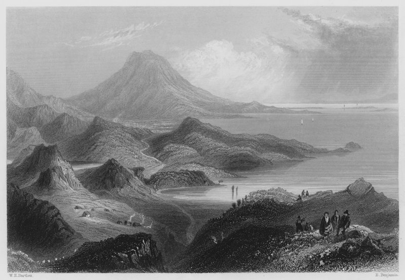 Lough Conn a Mount Nephin (rytina) od William Henry (after) Bartlett