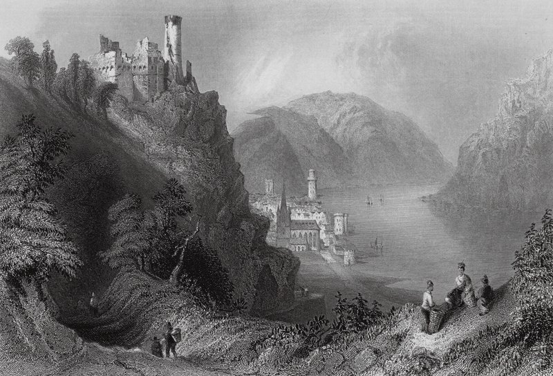 Oberwesel a hrad Schomberg (rytina) od William Henry (after) Bartlett