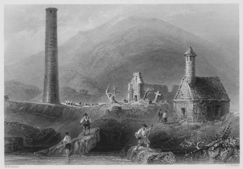 Round Tower, atd., Glendalough, County Wicklow (rytina) od William Henry (after) Bartlett