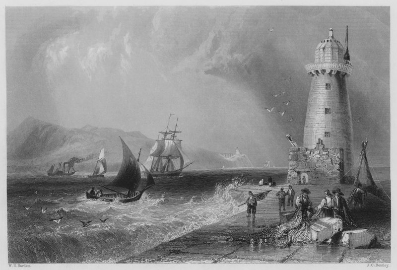 Maják na jižní stěně, s kopcem Howth v dálce (rytina) od William Henry (after) Bartlett